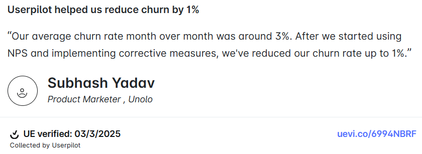 Testimonial from a Userpilot user.