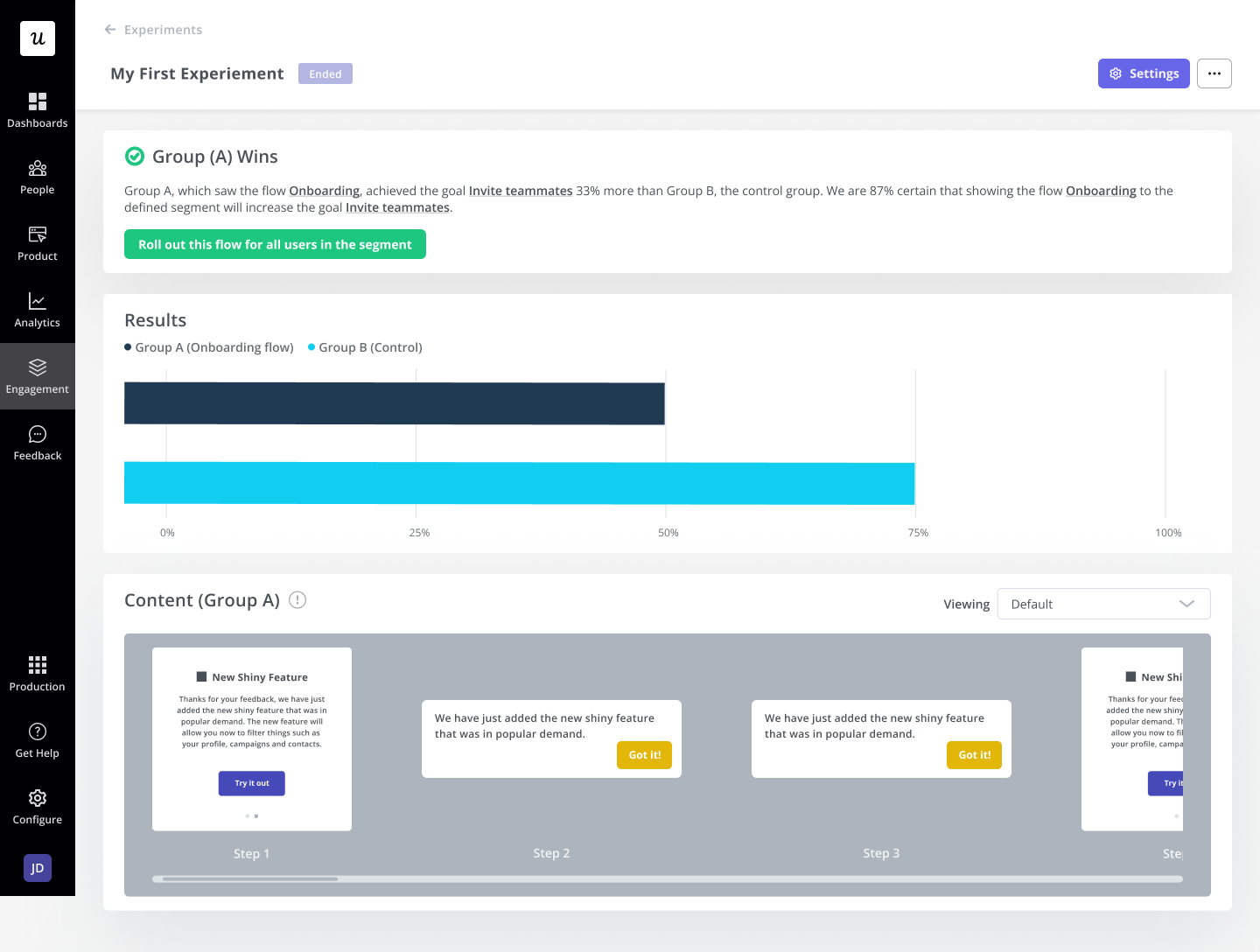 A/B test different adoption strategies with Userpilot.