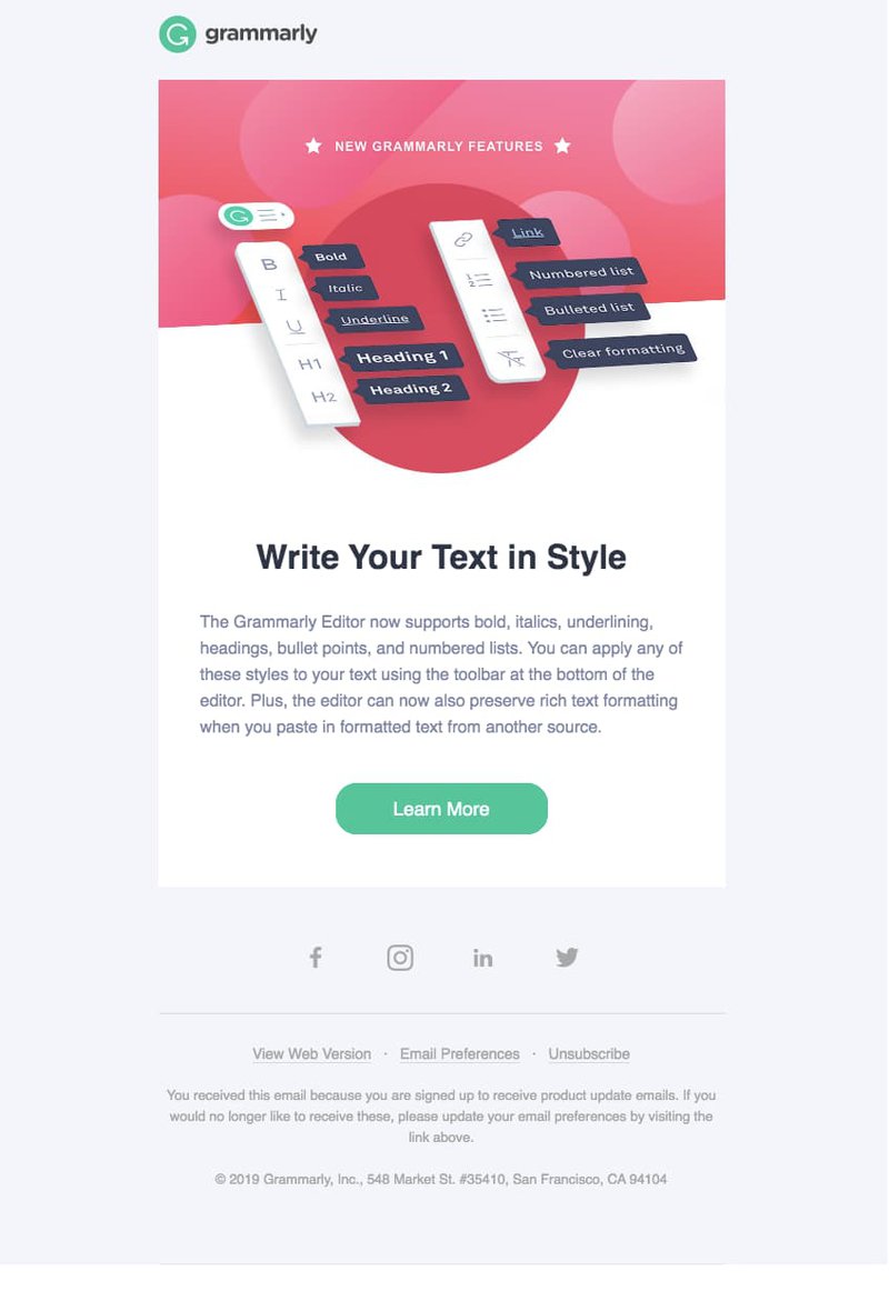 Le jeu de mots de Grammarly dans son e-mail de mise à jour