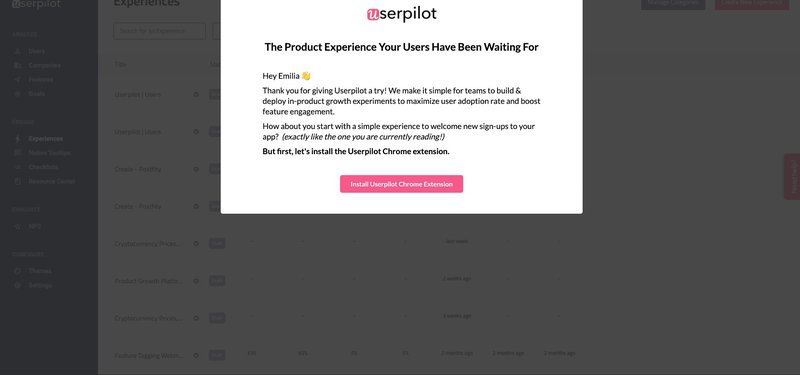 userpilot welcome screen