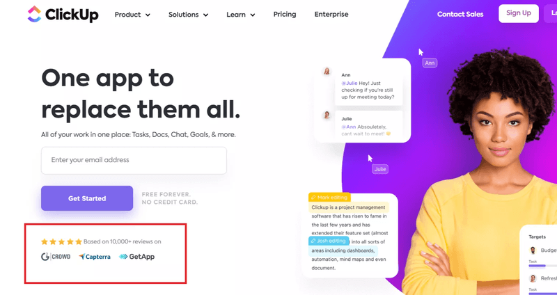 ClickUp social proof SaaS homepage