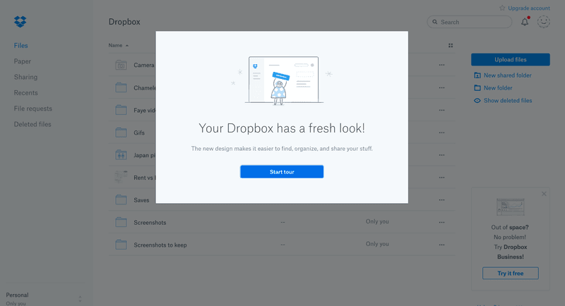 Dropbox announcement UI modal