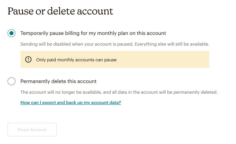 Mailchimp termination UI modal