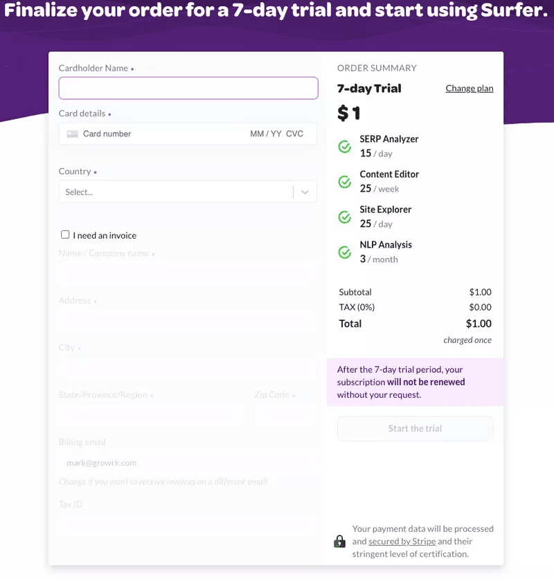 SurferSEO increases perception of value by charging for trial