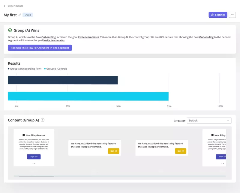 product tour examples: A/B testing in Userpilot