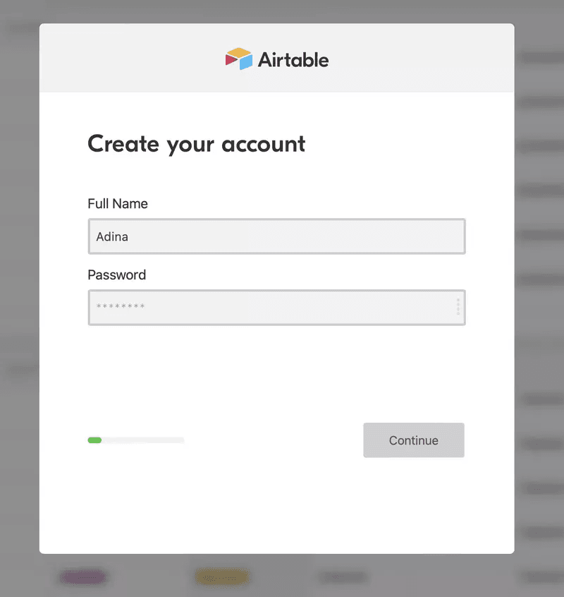 airtable sign-up flow with multiple screens