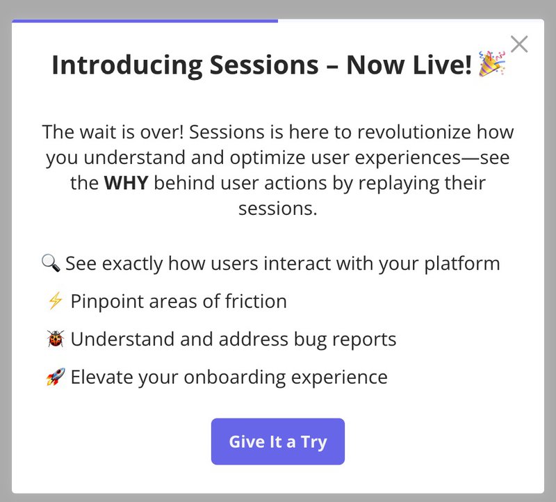 Userpilot announcing the Sessions feature using In-app messaging