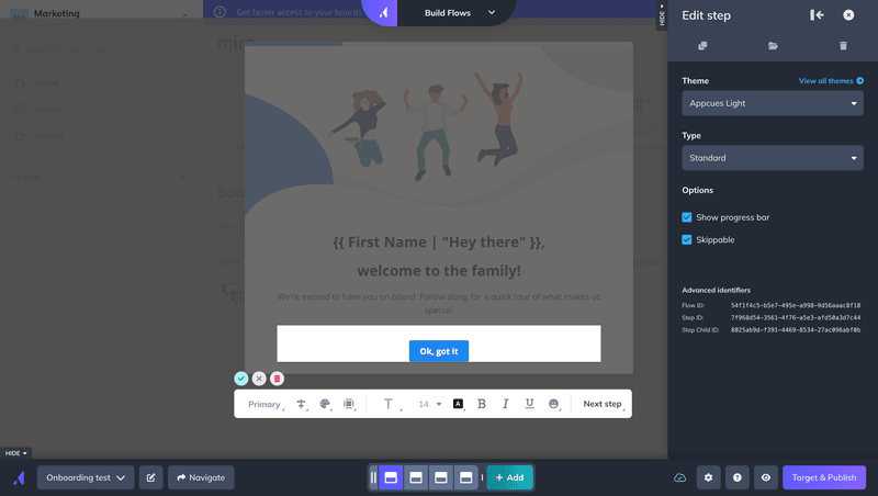 Customer onboarding guide editor in Appcues