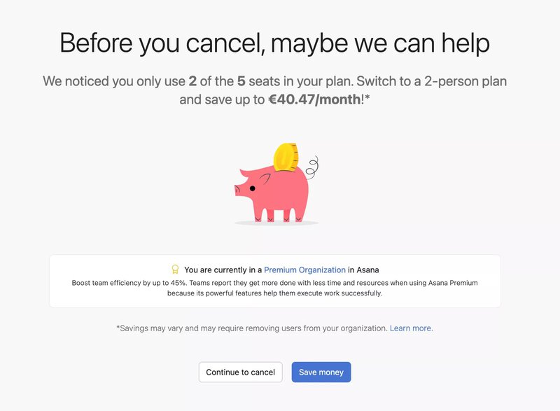 Screenshot of Asana cancellation messaging.