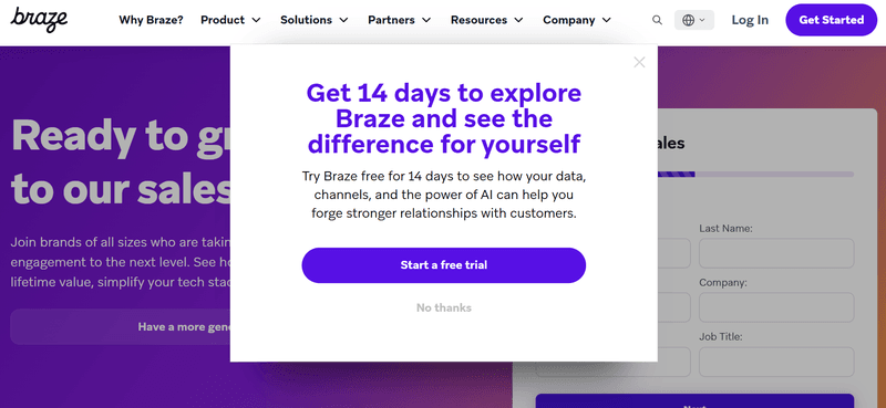 Braze’s free trial pop-up.