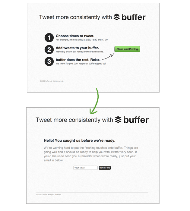 A fake door test conducted by Buffer. Source: Hackermoon. 