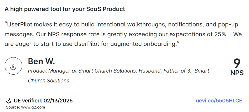 Testimonial from a Userpilot user.