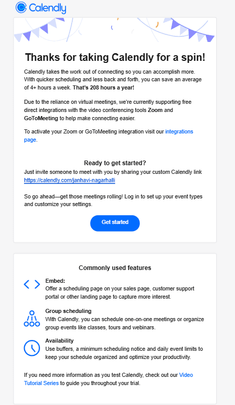 Calendly onboarding email template.