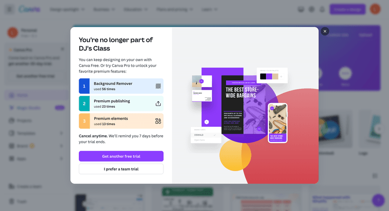 Canva's upselling prompt