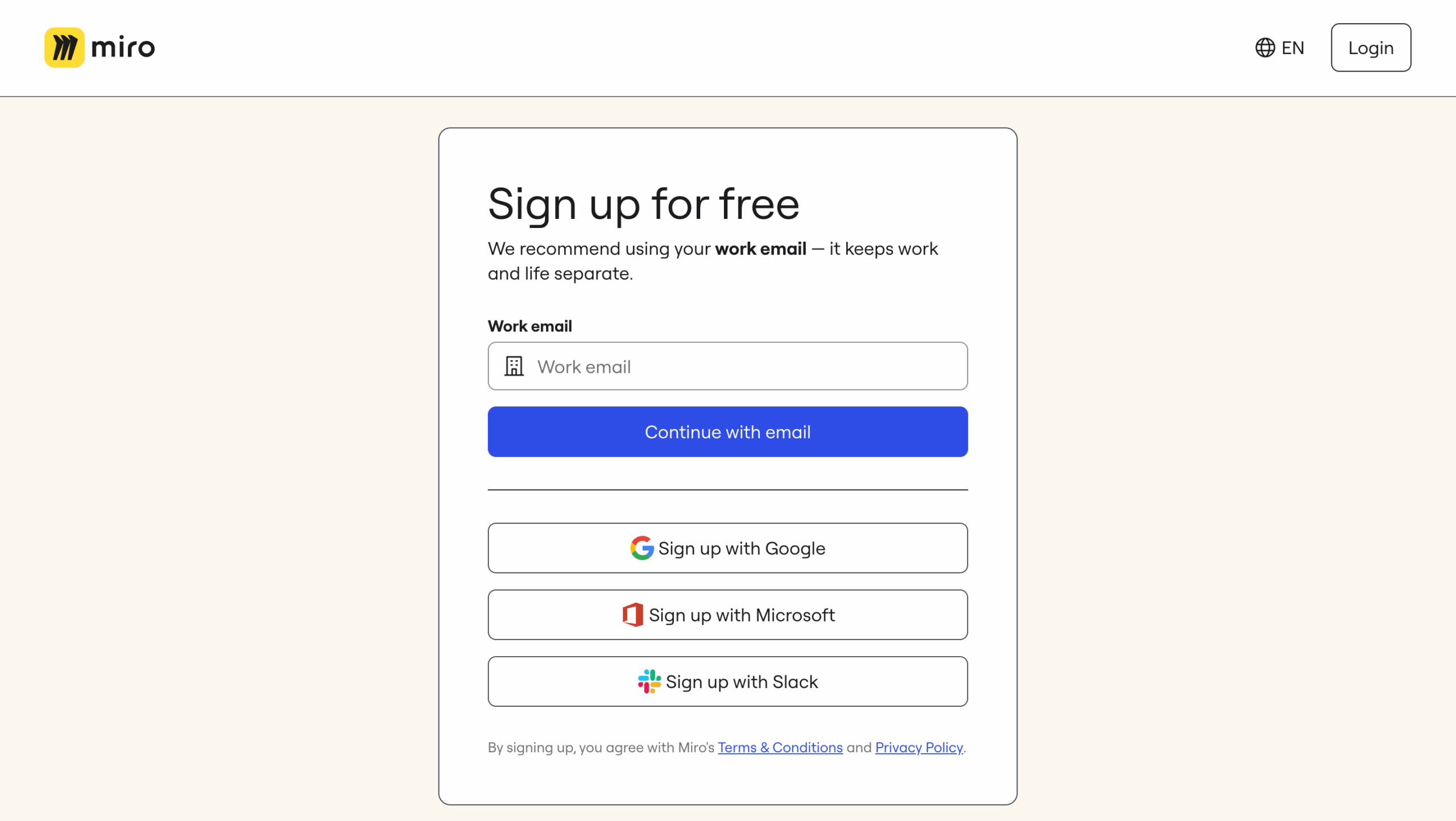 Miro sign up page