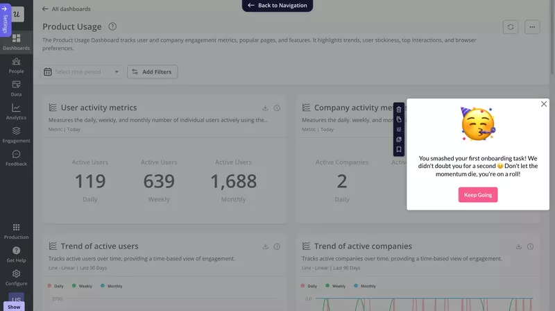 product tour examples: Celebration modal