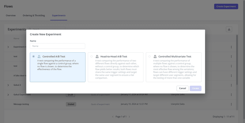 Creating new experiments for A/B and multivariate testing in Userpilot