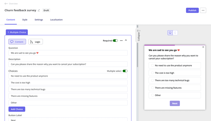 cancellation surveys in userpilot