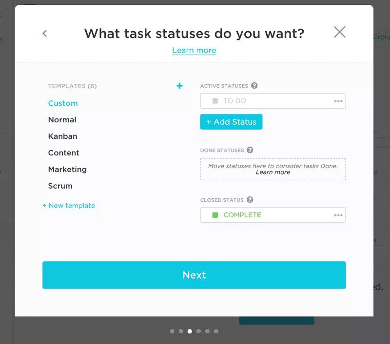 Screenshot of personalized interface in Clickup.