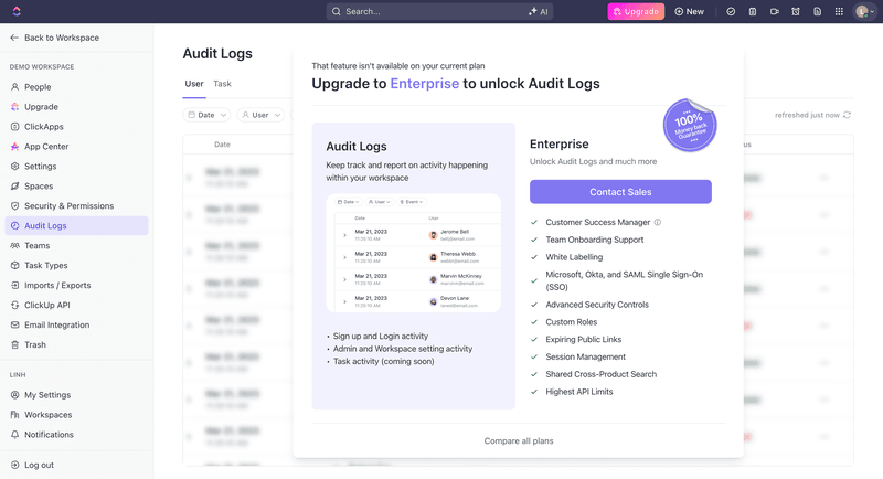 ClickUp upsell example
