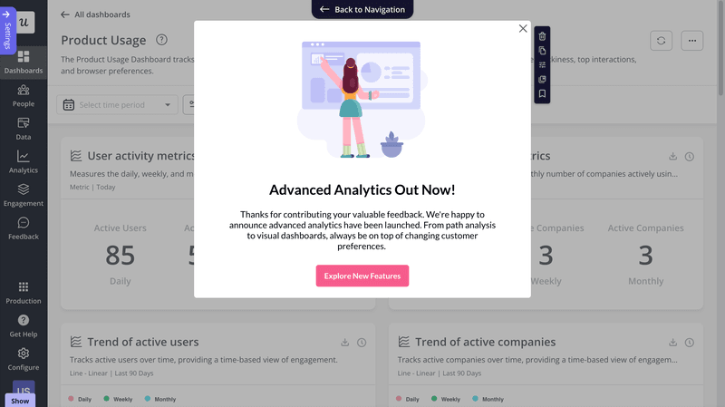 Feature announcement modal created in Userpilot.