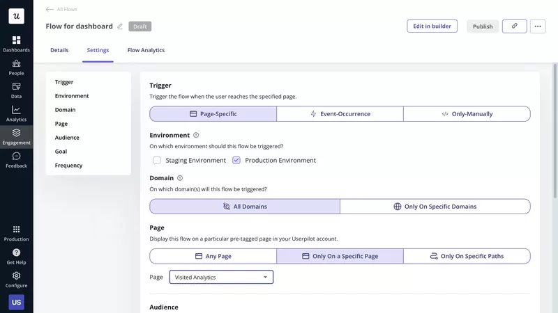 product tour examples: Triggering settings