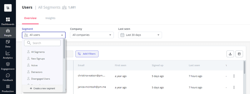 Screenshot of Userpilot's people tab for building segments