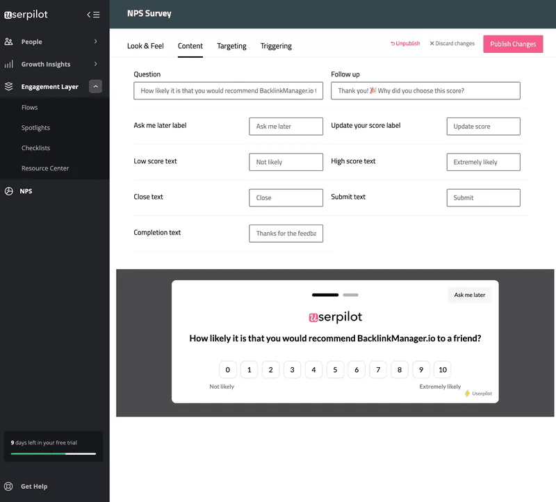 создание опроса нпс в userpilot
