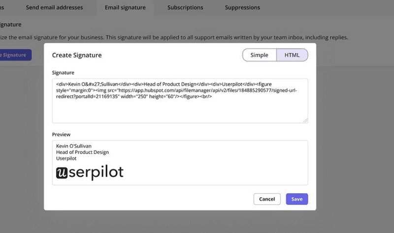 Adding branded email signatures in Userpilot.