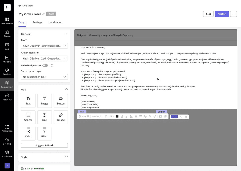 Designing email in Userpilot.