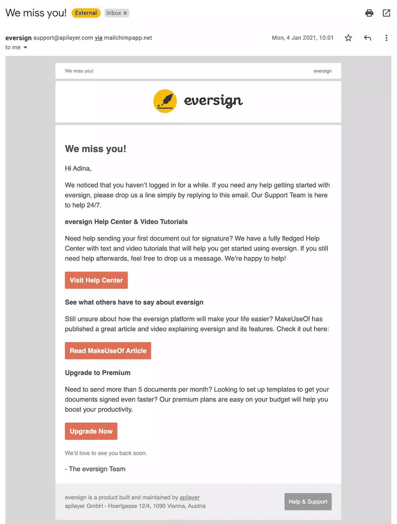 Eversign offers support, tutorials, social proof, and a reminder of the benefits of upgrading.