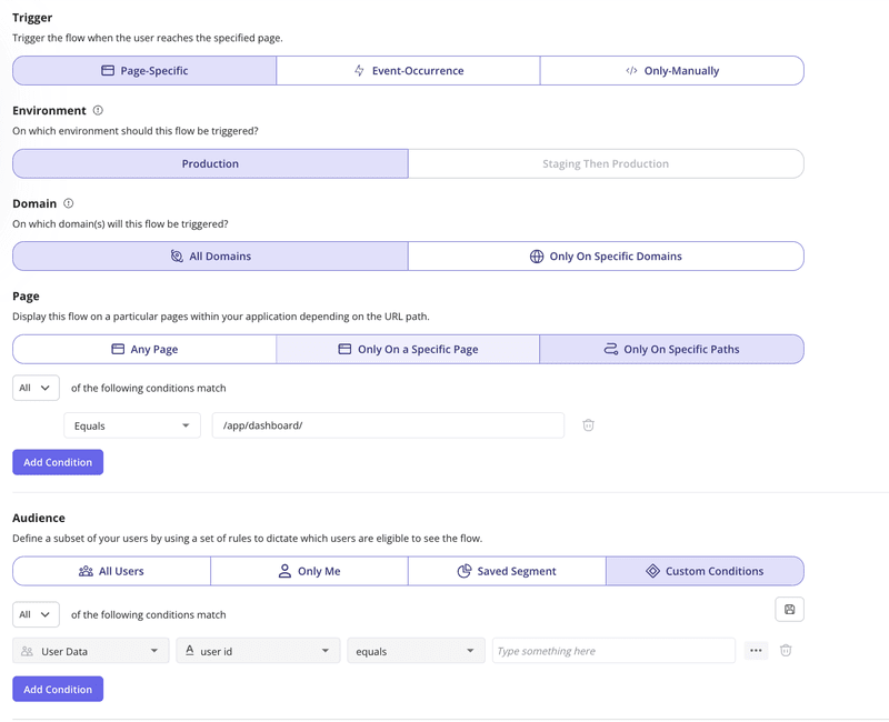 Flow triggering settings in Userpilot