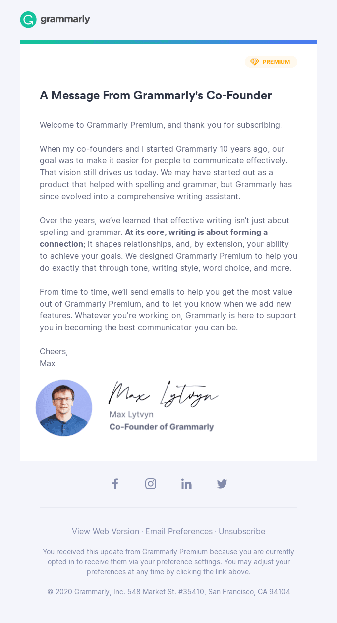 Grammarly onboarding email template.