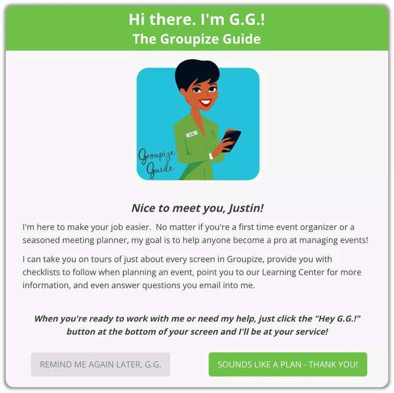 A playful visual assistant named G.G. adds personality to onboarding while giving users the freedom to opt in or revisit guidance via the resource center.