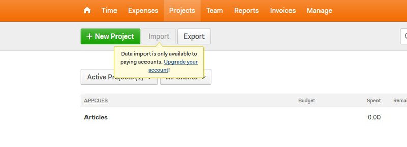Harvest upsell tooltip.
