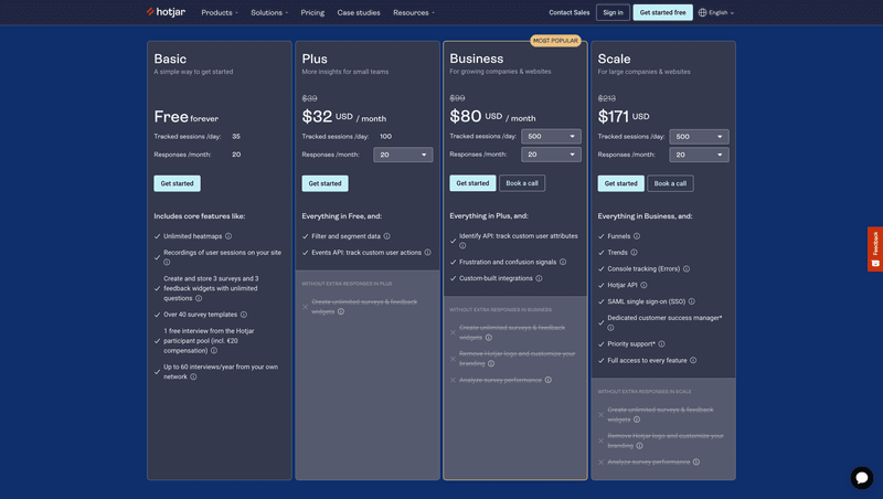 Hotjar Ask and Observe pricing page