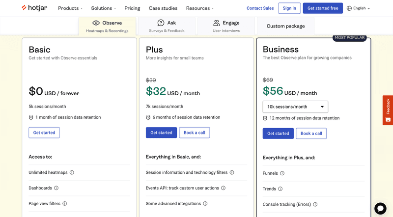 Hotjar pricing