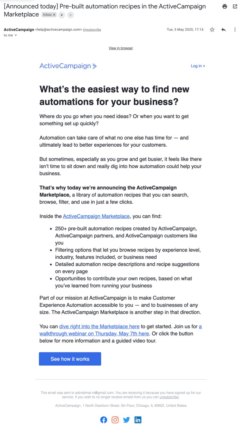 ActiveCampaign Marketplace product update email