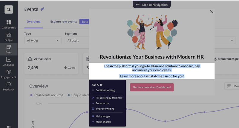 AI writing assistant in Userpilot.