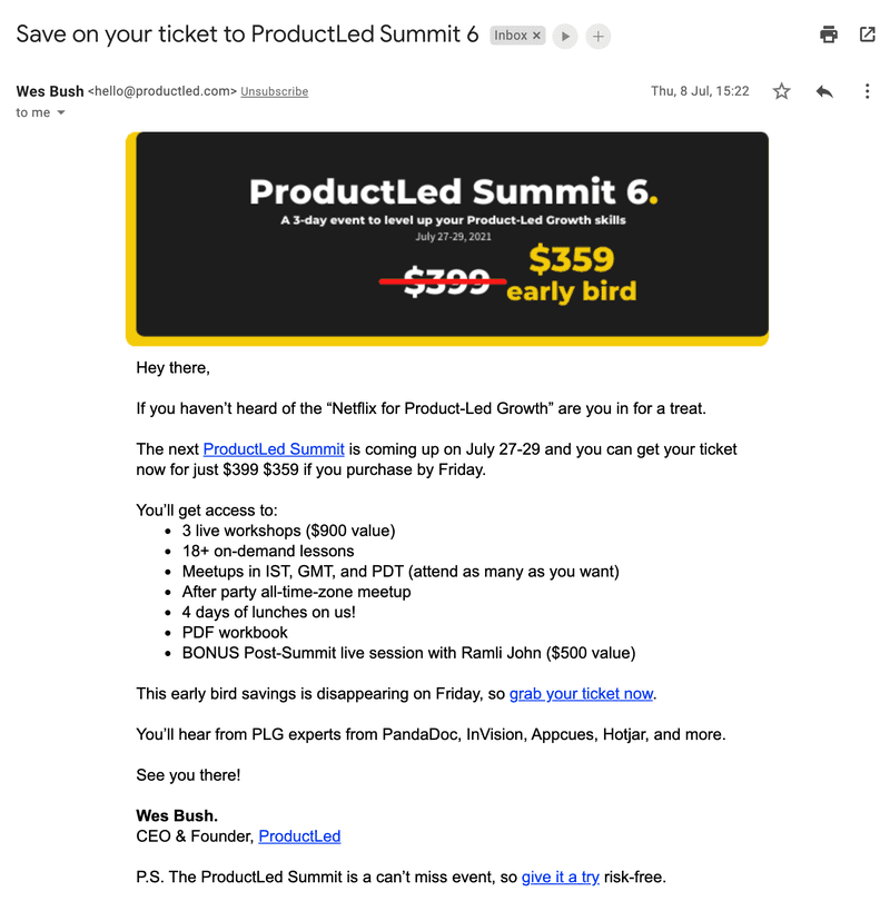Campagne d'e-mailing de réduction pour le lancement du sommet ProductLed.