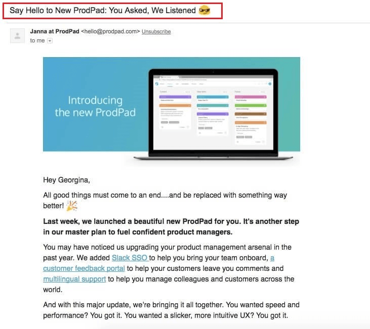 ProdPad new feature announcement email