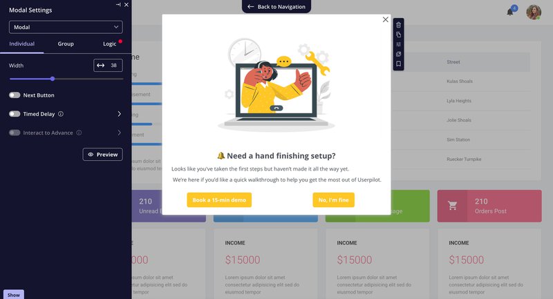 Behavior-triggered modal offering onboarding help when no activity is detected post-setup.