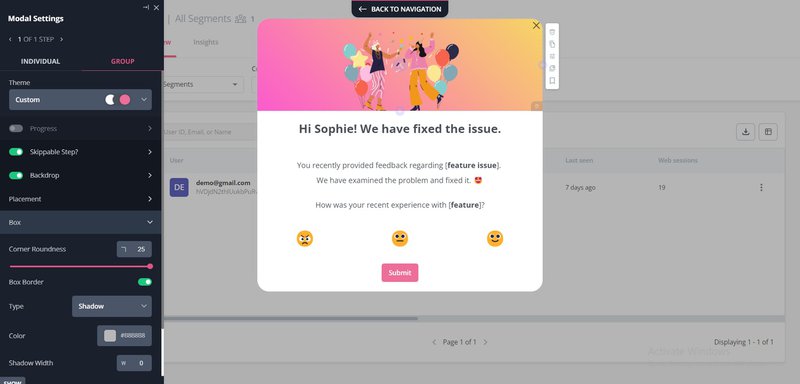 In-app survey example