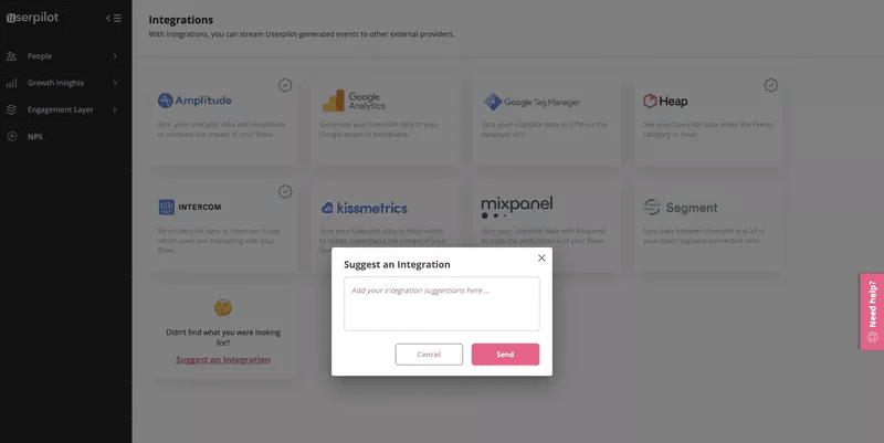 integration request in Userpilot