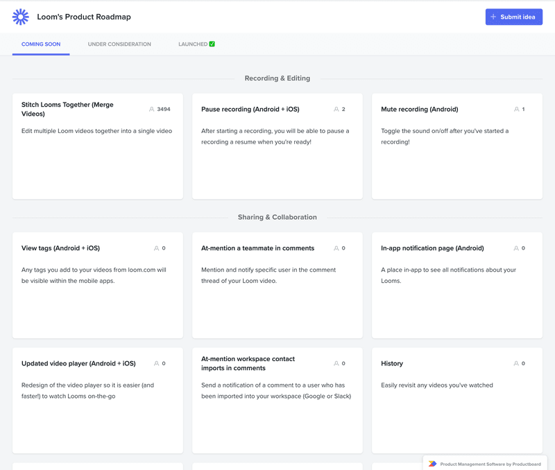 Loom product roadmap screenshot