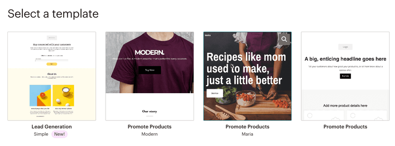 Landing page templates in Mailchimp