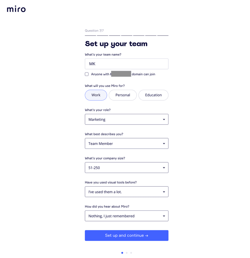 Miro Customer feedback example at signup screenshot