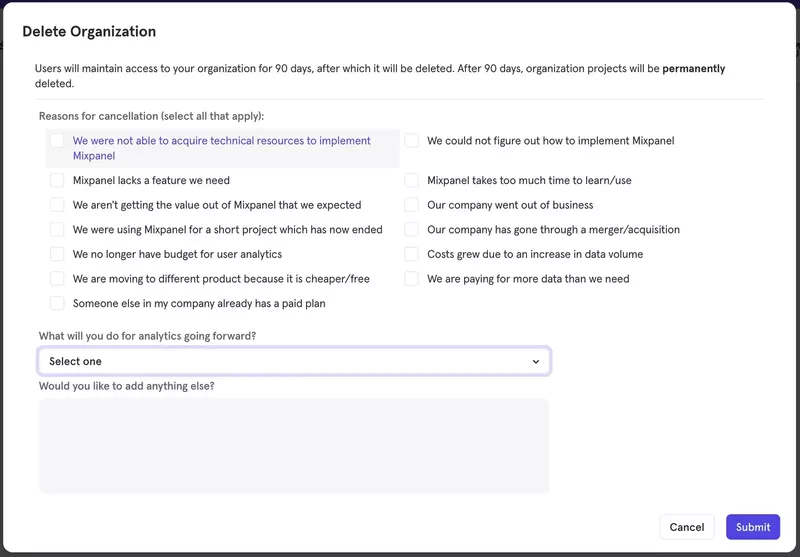 Mixpanel one-page in-depth feedback form
