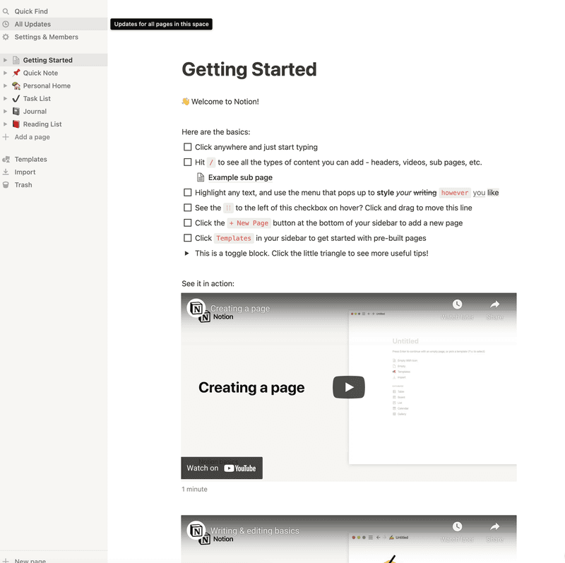 Notion's Getting Started page
