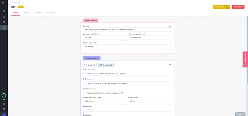 A screenshot of a NPS survey 
